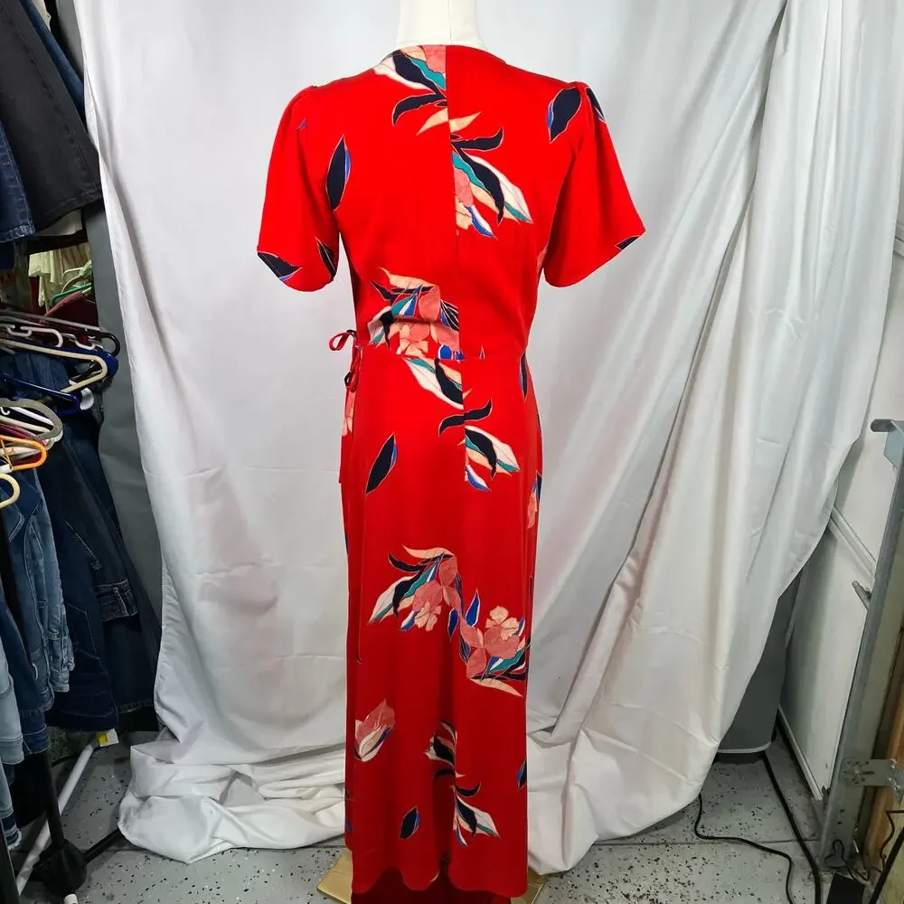 A New Day Red Floral Wrap Midi Dress XS Blue Pink‎ Tie Waist Short Sleeve New
